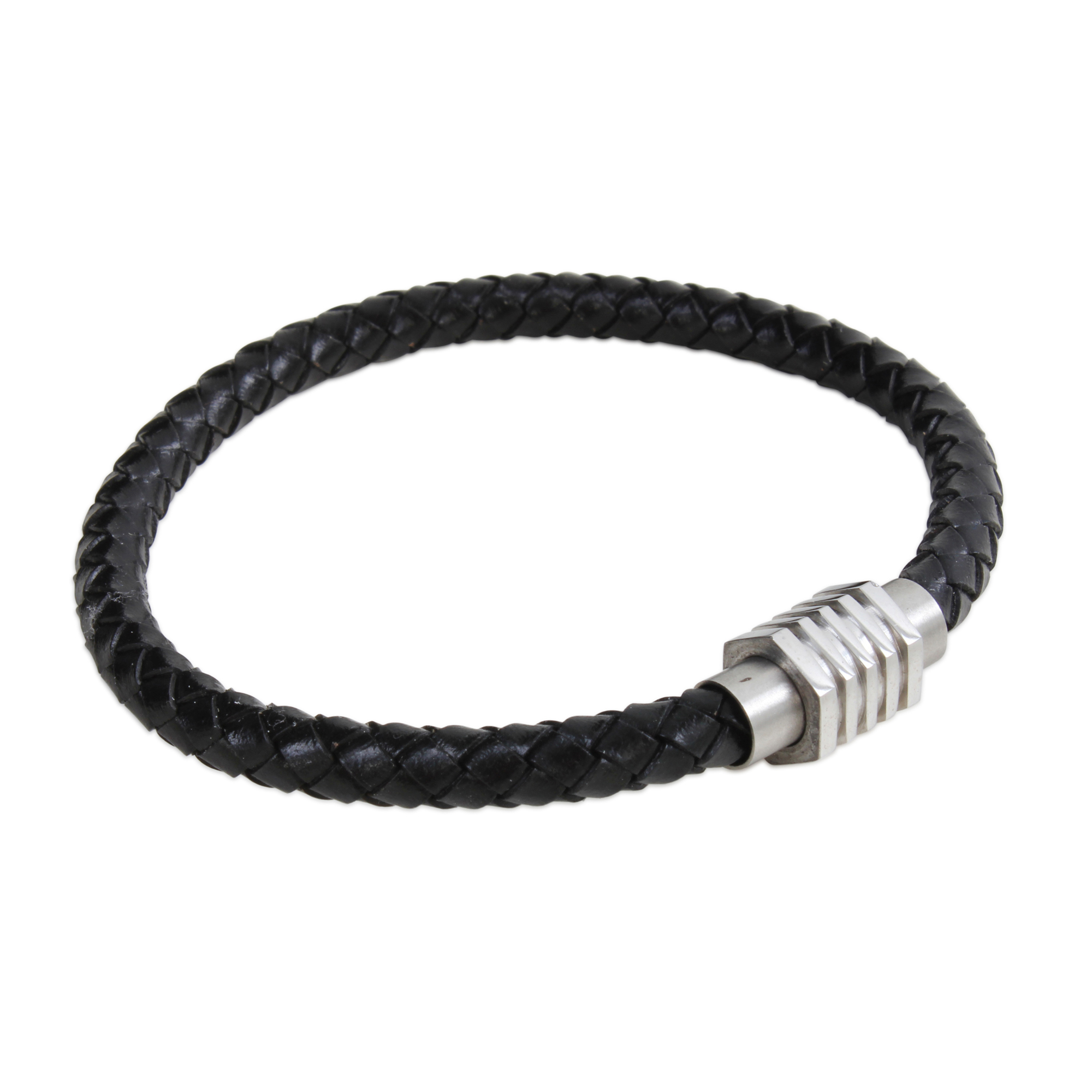 Black Leather Bracelet with Stainless Steel Ribbed Clasp - Dalaco
