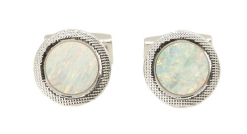 Opal Stone Round Rhodium Cufflinks